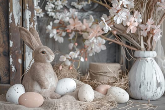 Rustic Easter background with farmhouse-style decorations and burlap accents