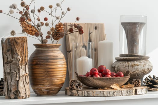 Rustic decoration accents against a soft transparent white surface, adding warmth to compositions