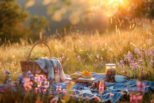 Romantic picnic for two in a sunlit meadow