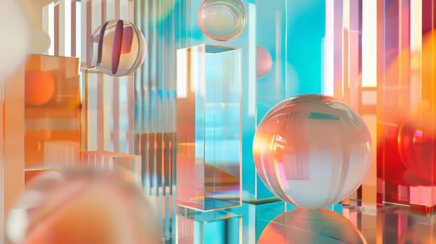 A colorful room with many glass spheres and cubes. The room is filled with light and the spheres and cubes are reflecting the light