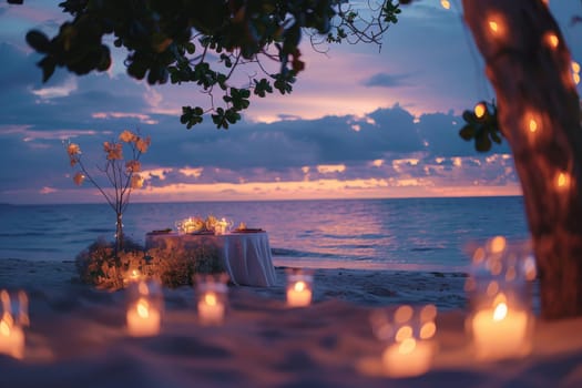 Romantic dinner setup on a beach at twilight