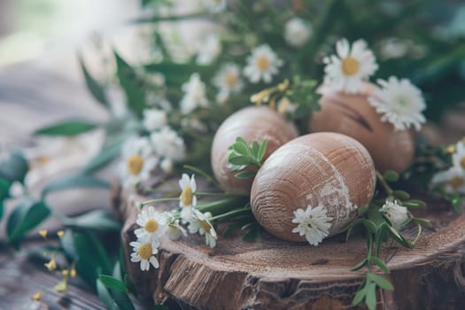 Rustic Easter background with wooden eggs and floral decorations