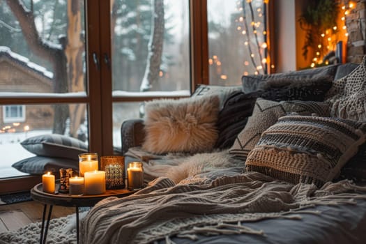 Scandinavian hygge-inspired living room with cozy blankets and candles