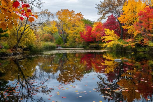 Reflective surface of a calm pond mirroring the vibrant autumn foliage