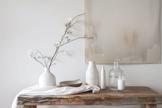 A wooden table with a vase, bowl, and two bottles on it. The bottles are clear and filled with water. The table is surrounded by white walls and a white curtain