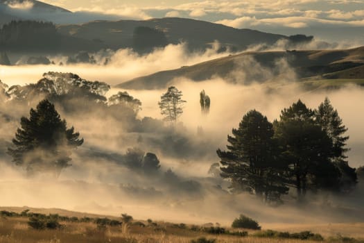 Rolling fog in a misty valley