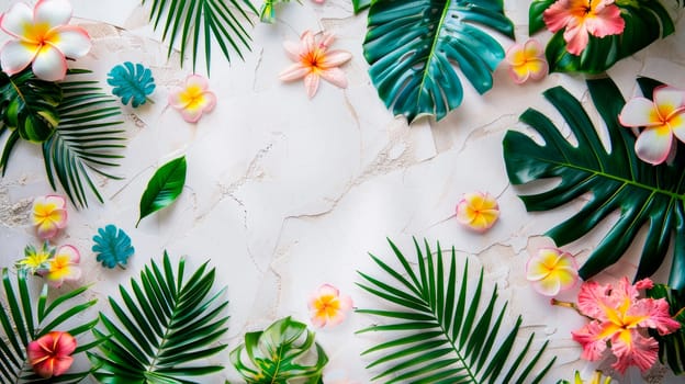 Summer background with tropical flowers and tropical plants on white stone background.Copy-space. AI generated
