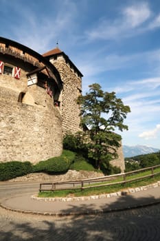Vaduz Castle, Schloss Vaduz, the palace and official residence of the Prince of Liechtenstein and the cobble stone street, road in front of it, Vaduz Liechtenstein 2022