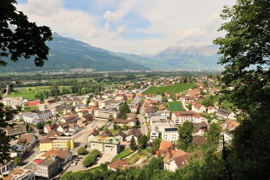 View onto Vaduz, the capital of Liechtenstein from the hill of the Vaduz Castle, Schloss Vaduz 2022