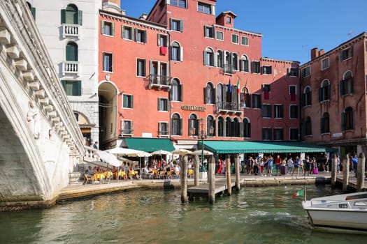 Venice, Italy - September 5, 2022: A boat pier on the Grand Canal near the Rialto Bridge in Venice