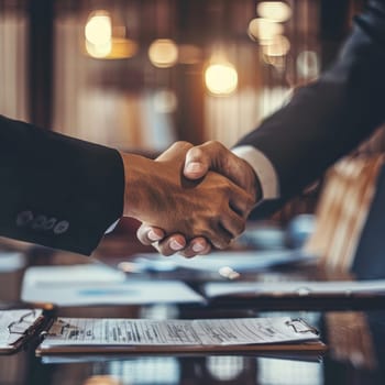 Close-up of a handshake in an office setting, symbolizing a business agreement with blurred background.