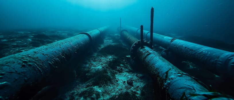 Underwater pipeline installation in ocean depths with clear blue water and marine ambiance.