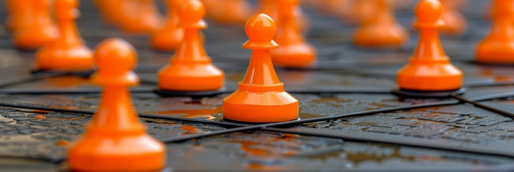 Orange chess pieces on a board, focus on pawn in center, strategic game concept.