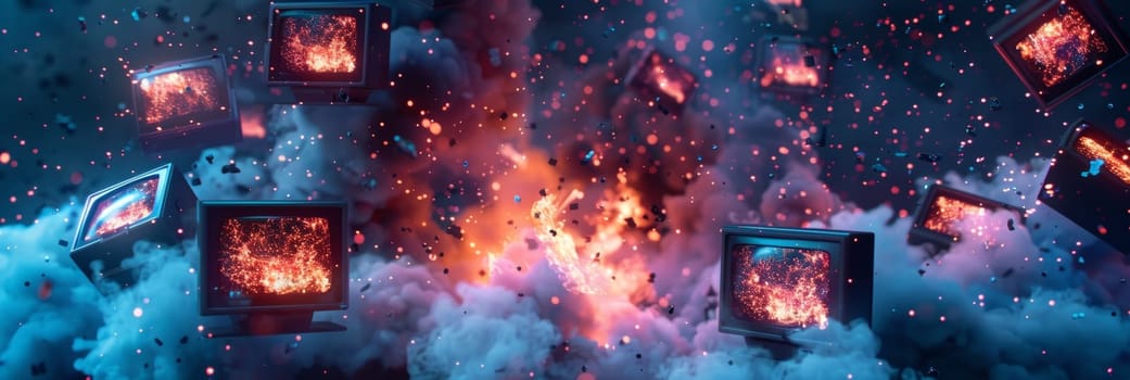 Vintage televisions floating in a vibrant cosmic space with fiery explosions and floating embers.
