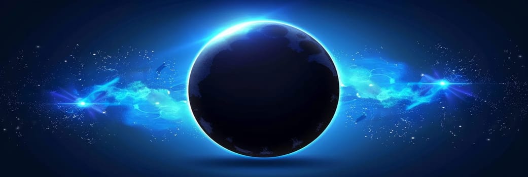 A digital illustration of a glowing, dark planet surrounded by blue nebulae and stars on a black background.