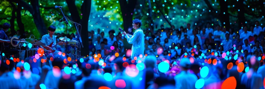 Nighttime outdoor concert with vibrant lights and musicians performing.