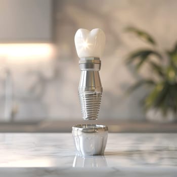 A close-up view of a dental implant prosthetic, featuring a white tooth-shaped cap attached to a metal post, symbolizing advancements in restorative dentistry.