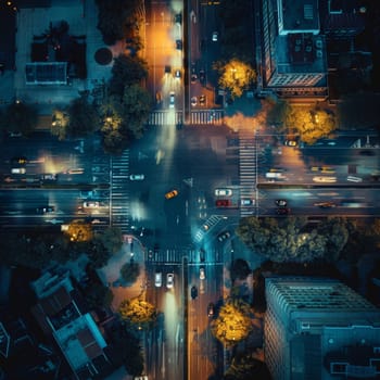 Aerial view of city intersection at night, showcasing glowing street lights and moving vehicles.