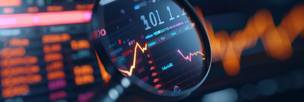 Close-up of a magnifying glass reflecting stock market graphs and numbers, with a blurred background.