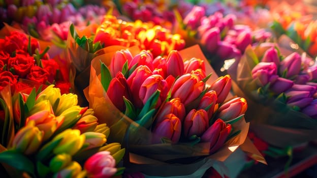 Close-up view of many wrapped flower bouquets. AI generated