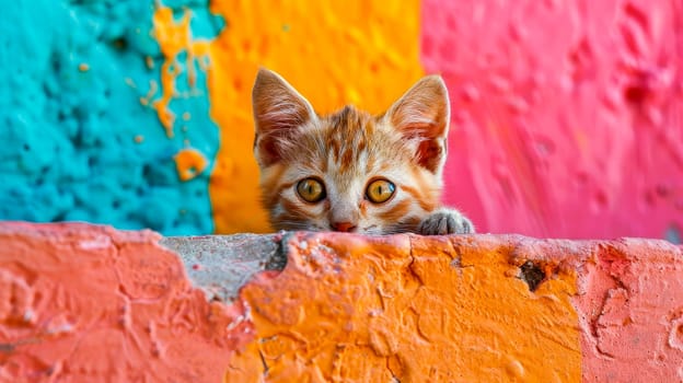 An adorable kitten peeks over the edge of colorful wall with peeled paint off. AI generated