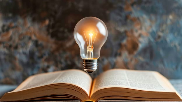 A glowing lightbulb floating over an open book. Knowledge or education, study or learning new skill, creativity or idea, wisdom concept. AI generated