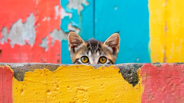 A cute kitten peeks over the edge of colorful wall with peeled paint off. AI generated