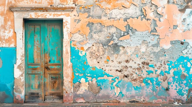 Vintage front door painted blue and a weathered wall with peeled paint. AI generated