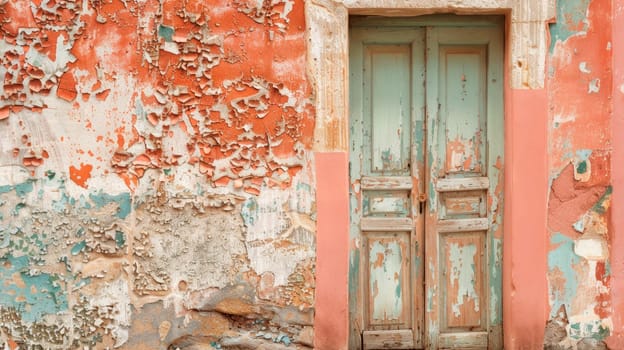 Vintage front door and a weathered wall with peeled paint. AI generated