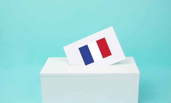 France election, ballot box, citizens voting new Parliament, political decision, french flag with blue, white and red stripes