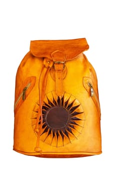 Leather canvas backpack. Closeup of a brown handmade vintage leather backpack isolated on a white background. Brown leather bag for travelers. Clipping path.