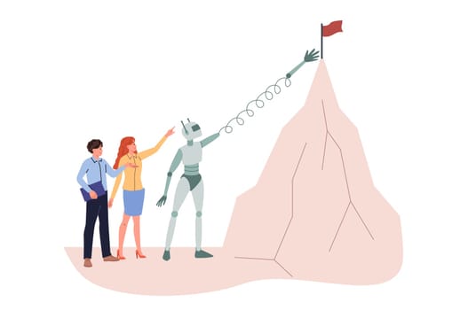 Robot helps business people achieve success and fulfill goals, pulls out flag from high mountain. Robot with ai technology works together with colleagues using innovative methods to optimize work