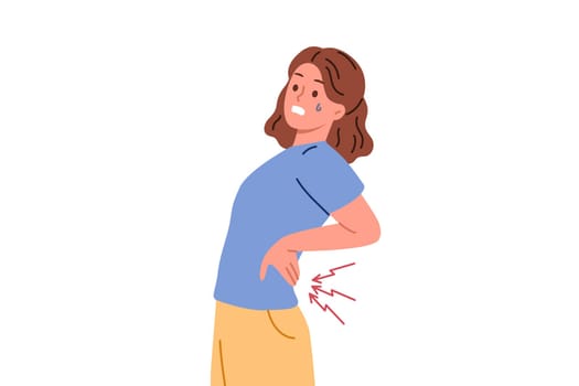 Woman suffers from pain in spine and needs massage or warming ointment to combat radiculitis. Young girl feels sharp attack of radiculitis caused by sedentary work or lifting heavy objects.