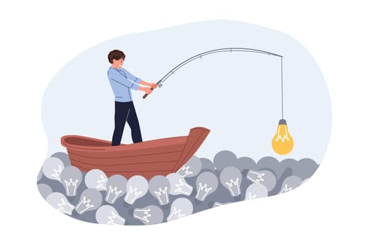 Business man chooses good idea from many bad options, fishing from wooden boat in sea of light bulbs. Concept of finding idea for company development or career growth and salary increase