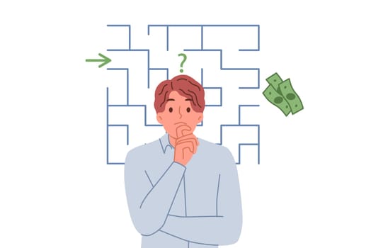 Business man is thinking about way to get rich and get money or increase profits from company, standing near maze. Difficult task for investor, wants to extract money from unpromising project
