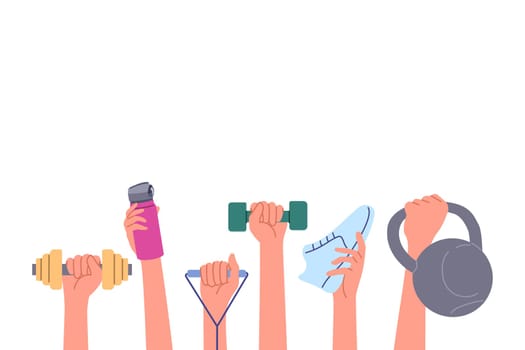 Sports equipment in hands of people lifting weights and dumbbells for fitness training, or holding bottle and sneakers for running. Sports items for physical education or athletics to improve health