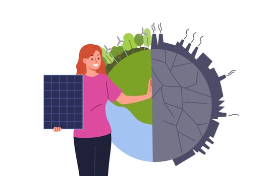 Woman ECO activist with solar battery stands near planet earth, calling for development of alternative energy. Girl bought solar battery that allows to get electricity without carbon footprint.