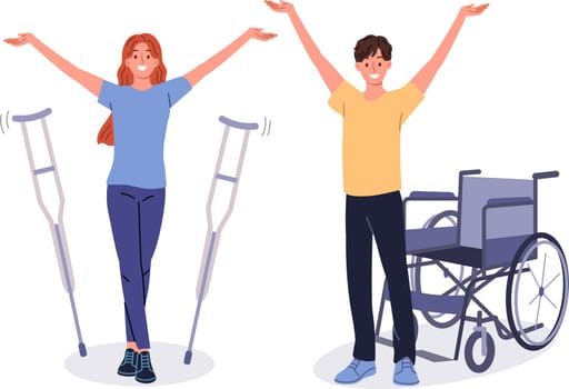 People with disabilities celebrate end of rehabilitation and recovery, stand near crutches and wheelchair. Man and woman with disabilities healed after receiving massage therapy or new medications