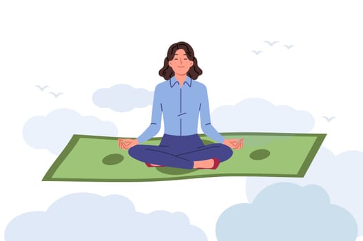 Rich woman meditates sitting on money and enjoying yoga class to increase income. Professional girl meditates in lotus position flying among clouds and clearing head to increase productivity