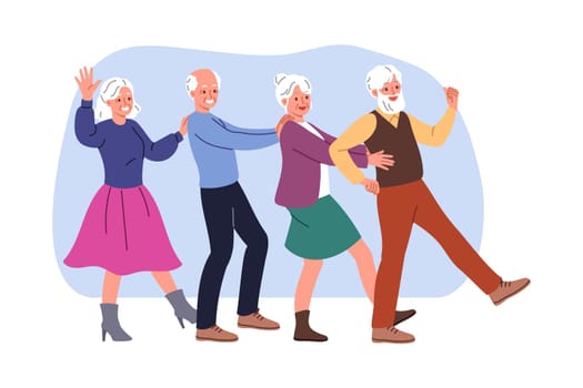 Elderly people dance together at party, rejoicing at long-awaited reunion or retirement. Several gray-haired men and women dance conga line, enjoying carefree old age and opportunity not to work