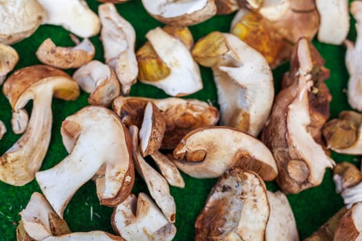 Porcini mushrooms (Boletus edulis) on a market stall, Germany