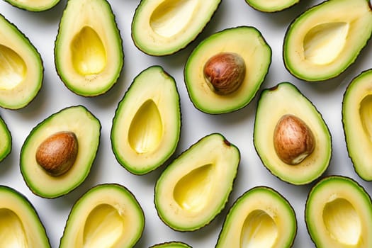Sliced ripe avocado arranged neatly on a transparent white surface