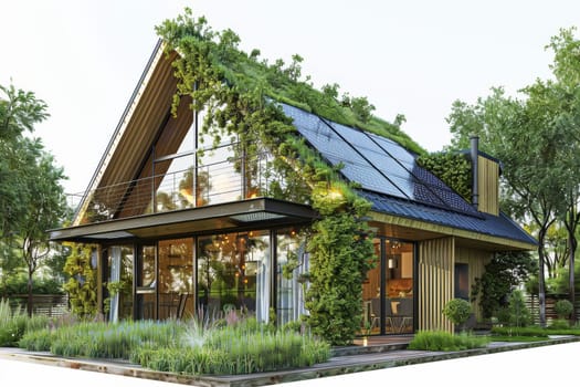 Sustainable home with solar panels and a green roof, reducing carbon emissions and energy consumption