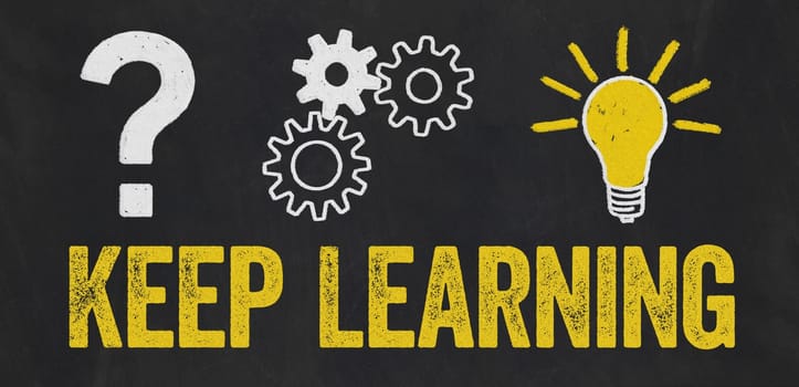 Question Mark, Gears, Light Bulb Concept - Keep learning