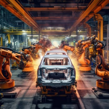 Robots working inside a car factory AI generated image