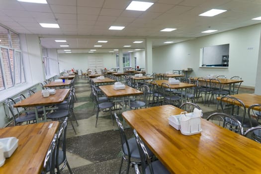 Chairs and tables. The dining hall is quarantined.