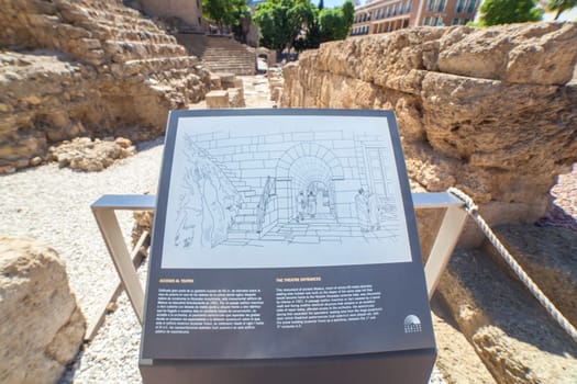Malaga, Spain - Sept 23th 2019: Information panel at Roman Theater of Malaga, Andalusia, Spain