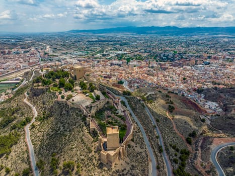 Panoramic view with the castle in the foreground of the city of Lorca in the province of Murcia Spain