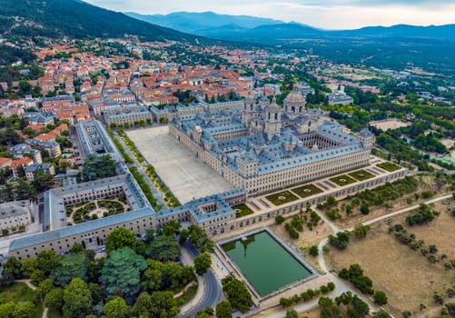 El Escorial, near Madrid, Spain. Panoramic aerial view of the Royal Monastery of San Lorenzo.