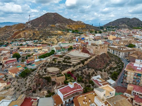 Aerial view of the castle and in the background the mining mountain of Mazarron province of Murcia Spain